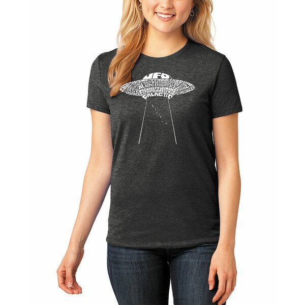 エルエーポップアート レディース Tシャツ トップス Women's Word Art Flying Saucer UFO T-Shirt Black