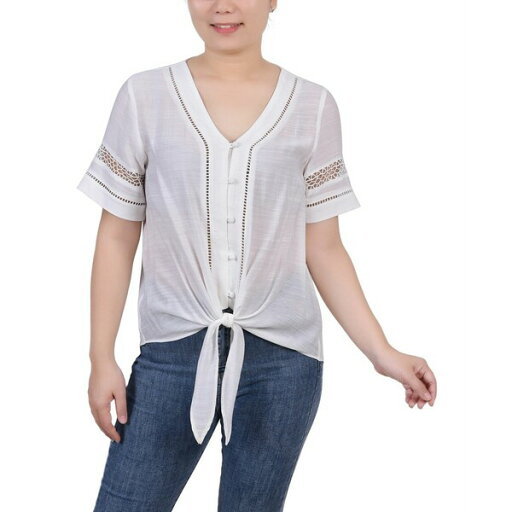 ニューヨークコレクション レディース シャツ トップス Women's Short Sleeve Crochet Trim Blouse White