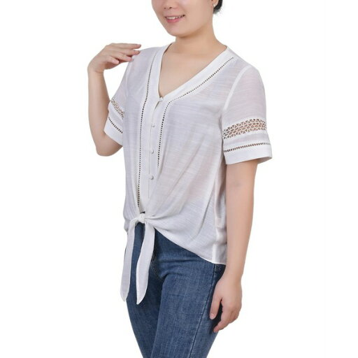 ニューヨークコレクション レディース シャツ トップス Women's Short Sleeve Crochet Trim Blouse White