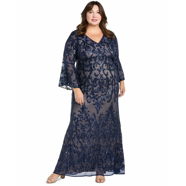 アールアンドエムリチャーズ レディース ワンピース トップス Plus Size Sequin Embellished Bell-Sleeve Gown Navy/Nude