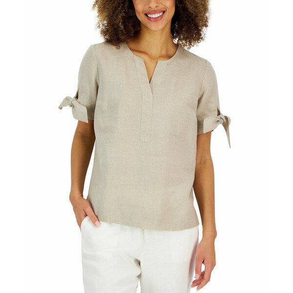チャータークラブ レディース カットソー トップス Women's 100% Linen Split-Neck Tie-Cuff Top, Crea..