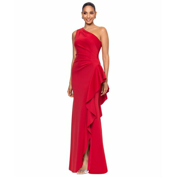 エスケープ レディース ワンピース トップス Women's Ruffled One-Shoulder Scuba Gown Red