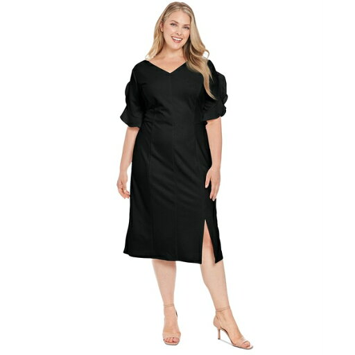 ロンドンタイムス レディース ワンピース トップス Plus Size Ruffled-Sleeve V-Neck Sheath Dress Black ロンドンタイムス レディース ワンピース トップス Plus Size Ruffled-Sleeve V-Neck Sheath Dress Black