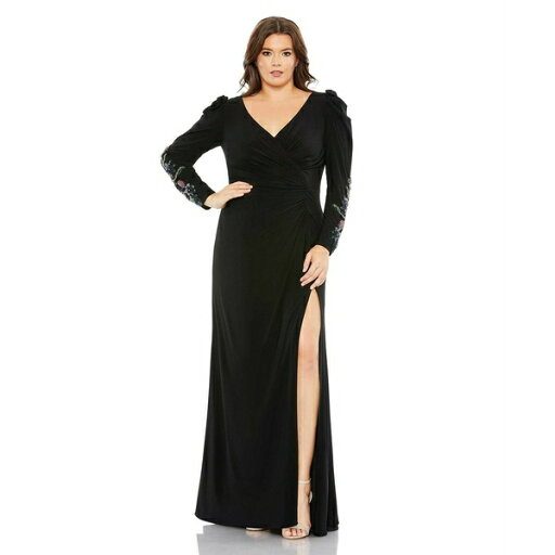 マックダガル レディース ワンピース トップス Women's Plus Size Embellished Long Sleeve Faux Wrap Gown Black マックダガル レディース ワンピース トップス Women's Plus Size Embellished Long Sleeve Faux Wrap Gown Black