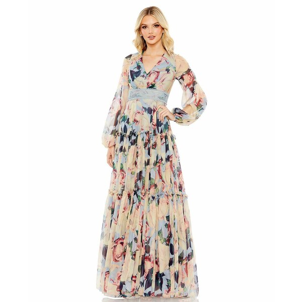 マックダガル レディース ワンピース トップス Women's Floral Puff Sleeve Dress With Embroidered Waist Blue multi