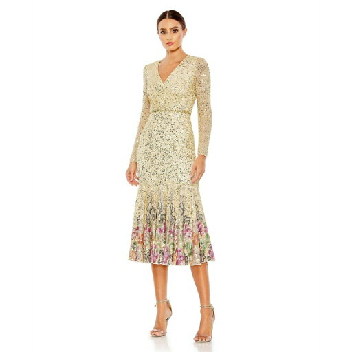 マックダガル レディース ワンピース トップス Women's Long Sleeve Faux Wrap Embellished Tea Length Dress Gold multi マックダガル レディース ワンピース トップス Women's Long Sleeve Faux Wrap Embellished Tea Length Dress Gold multi