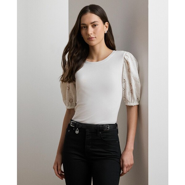 ラルフローレン レディース カットソー トップス Women's Eyelet Jersey Puff-Sleeve Tee White