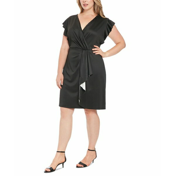 ロンドンタイムス レディース ワンピース トップス Plus Size Surplice Cascade Sheath Dress Black/Ivory
