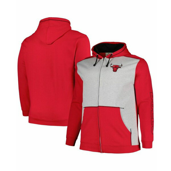ファナティクス メンズ パーカー・スウェットシャツ アウター Men's Red, Heather Gray Chicago Bulls Big and Tall Contrast Pieced Stitched Full-Zip Hoodie Red, Heather Gray