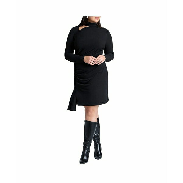 エロクイ レディース ワンピース トップス Plus Size Scarf Neck Jersey Mini Dress Black onyx