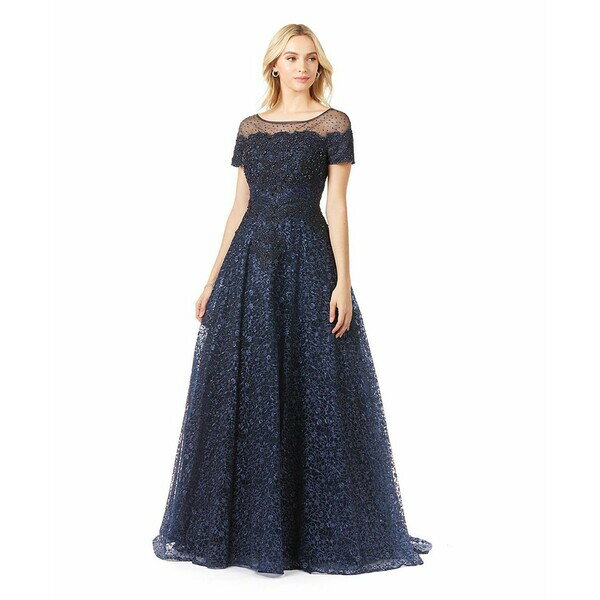 ララ レディース ワンピース トップス Women's Sheer Boat Neck Ball Gown Navy