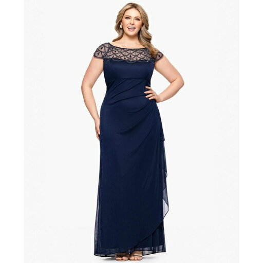 エスケープ レディース ワンピース トップス Plus Size Sheer Boat-Neckline Long Sheath Dress Navy エスケープ レディース ワンピース トップス Plus Size Sheer Boat-Neckline Long Sheath Dress Navy
