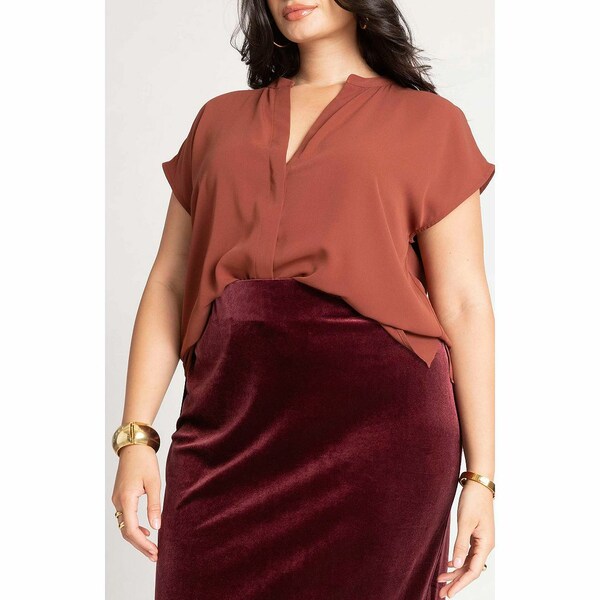 エロクイ レディース カットソー トップス Women's Plus Size Notch Collar Blouse Topaz brown