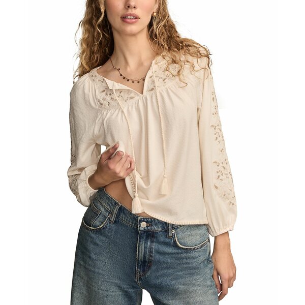 ラッキーブランド レディース カットソー トップス Women's Embroidered Bubble Peasant Top Whisper White