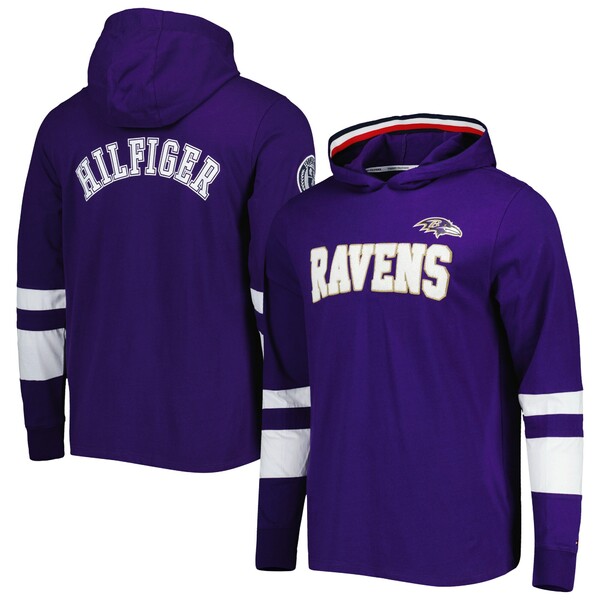 トミー ヒルフィガー メンズ Tシャツ トップス Baltimore Ravens Tommy Hilfiger Alex Long Sleeve Hoodie TShirt Purple/White