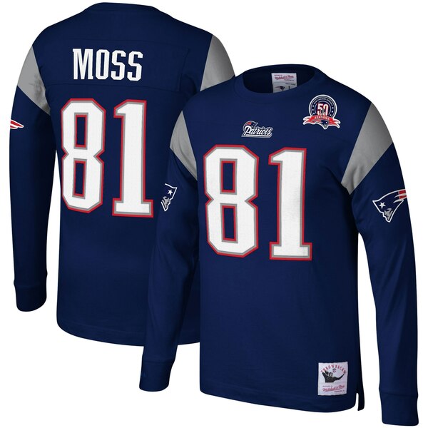ミッチェル&ネス メンズ Tシャツ トップス Randy Moss New England Patriots Mitchell & Ness Retired Player Name & Number Long Sleeve Top Navy