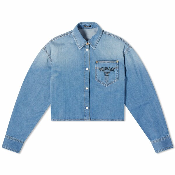 ヴェルサーチ レディース ジャケット＆ブルゾン アウター Versace Cropped Denim Shirt With Logo Blue