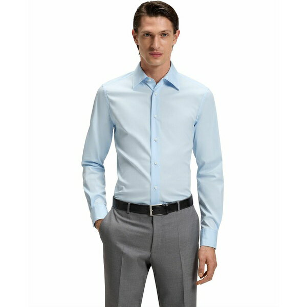 ヒューゴボス メンズ シャツ トップス Men's Cotton-Blend Stretch Poplin Slim-Fit Dress Shirt Open Blue