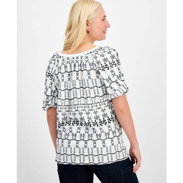 スタイルアンドコー レディース カットソー トップス Petite Eyelet Summer Split-Neck Top, Exclusively at Macy's Bright White Combo