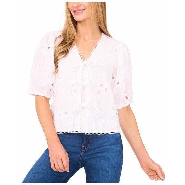 セセ レディース カットソー トップス Women's Short Sleeve Open Tie Front Embroidered Top Ultra White