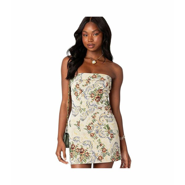 エディクテッド レディース ワンピース トップス Women's Floral Tapestry Lace Up Mini Dress Cream