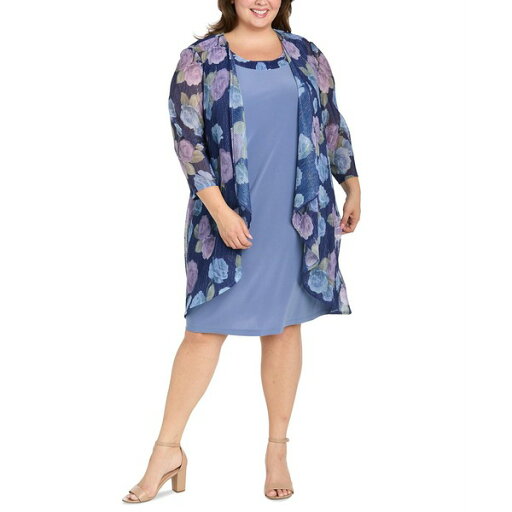 アールアンドエムリチャーズ レディース ワンピース トップス Plus Size Printed Mesh Jacket & Necklace Dress Cadet Periwinkle アールアンドエムリチャーズ レディース ワンピース トップス Plus Size Printed Mesh Jacket & Necklace Dress Cadet Periwinkle