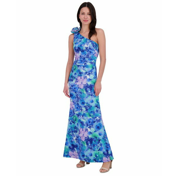 エリザジェイ レディース ワンピース トップス Women's Printed Rosette Asymmetric One-Shoulder Gown Blue