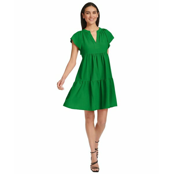 カルバンクライン レディース ワンピース トップス Women's Split-Neck Tiered A-Line Dress Fern