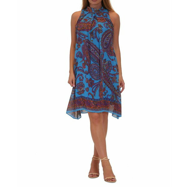 ロビービー レディース ワンピース トップス Women's Printed Mock Neck Sleeveless Shift Dress Blue