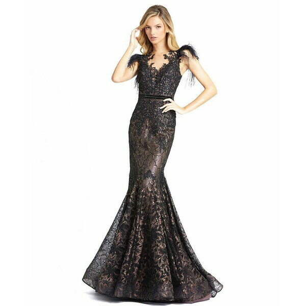 マックダガル レディース ワンピース トップス Women's Embellished Feather Cap Sleeve Illusion Neck Trump Black