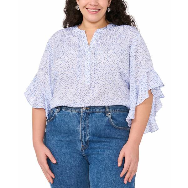 ヴィンスカムート レディース カットソー トップス Plus Size Split-Neck Ruffle-Sleeve Blouse Lake Breeze