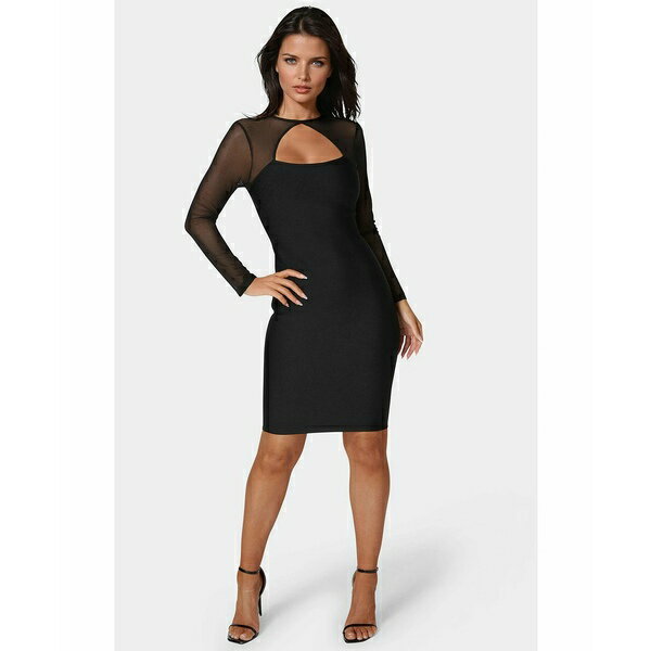 ベベ レディース ワンピース トップス Women's Long Sleeve Mesh Peek a Boo Bandage Dress Black