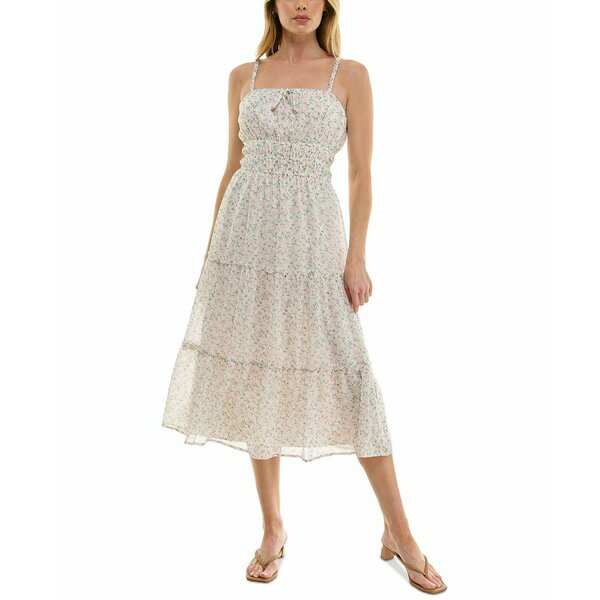 トリッキ レディース ワンピース トップス Juniors' Smocked Floral Chiffon Tiered Dress Ivory Pink Floral
