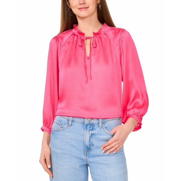 󥹥ࡼ ǥ åȥ ȥåץ Women's Satin Split-Neck Peasant Top Pink Bl...