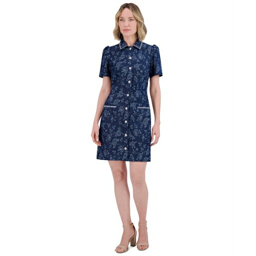 エリザジェイ レディース ワンピース トップス Petite Floral Print Puff-Sleeve Denim Shirt Dress Denim エリザジェイ レディース ワンピース トップス Petite Floral Print Puff-Sleeve Denim Shirt Dress Denim