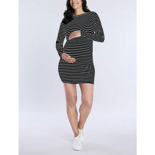 マザーフッドマタニティ レディース ワンピース トップス Women's Crew Neck Rib Knit Long Sleeve Mini Dress - Motherhood Maternity Black & white stripes マザーフッドマタニティ レディース ワンピース トップス Women's Crew Neck Rib Knit Long Sleeve Mini Dress - Motherhood Maternity Black & white stripes