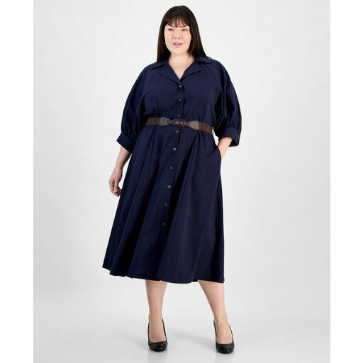 サンドラ ダーレン レディース ワンピース トップス Plus Size Button-Down 3/4-Sleeve Belted Dress Navy サンドラ ダーレン レディース ワンピース トップス Plus Size Button-Down 3/4-Sleeve Belted Dress Navy