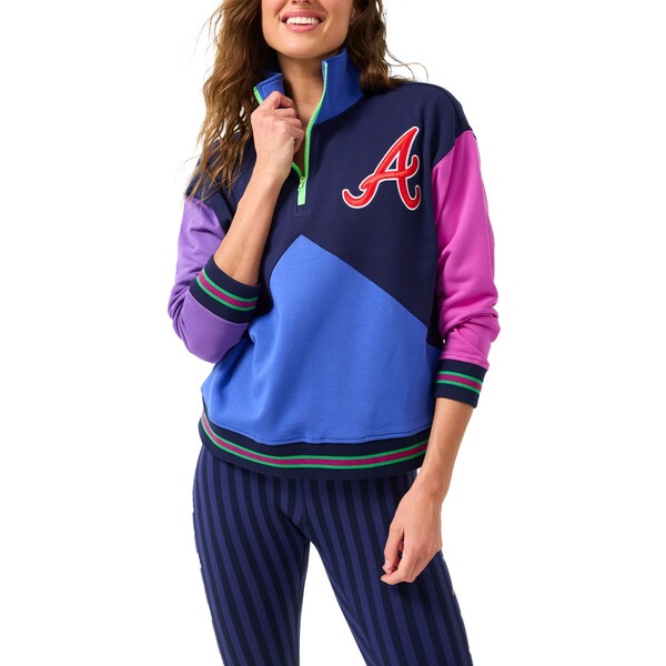 テレズ レディース パーカー・スウェットシャツ アウター Atlanta Braves Terez Women's Classic Colorblock QuarterZip Sweatshirt Navy/Blue