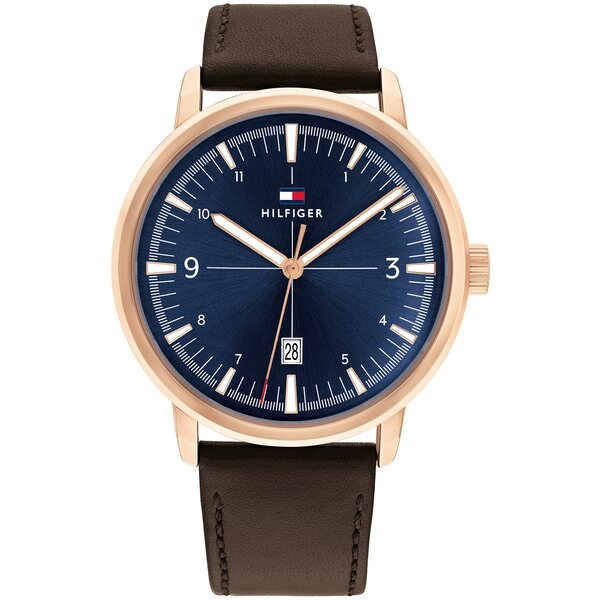 トミー ヒルフィガー メンズ 腕時計 アクセサリー Men's Brown Leather Strap Watch 44mm Brown