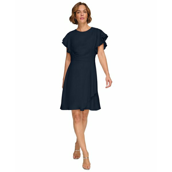 ダナ キャラン ニューヨーク レディース ワンピース トップス Women's Flutter-Sleeve Ruched Dress Midnight 1