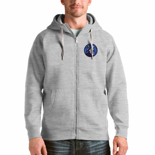 アンティグア メンズ パーカー・スウェットシャツ アウター Minnesota Timberwolves Antigua Logo Victory FullZip Hoodie Heathered Gray