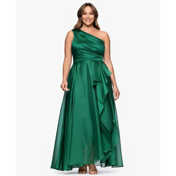 エスケープ レディース ワンピース トップス Plus Size One-Shoulder Organza Ball Gown Green