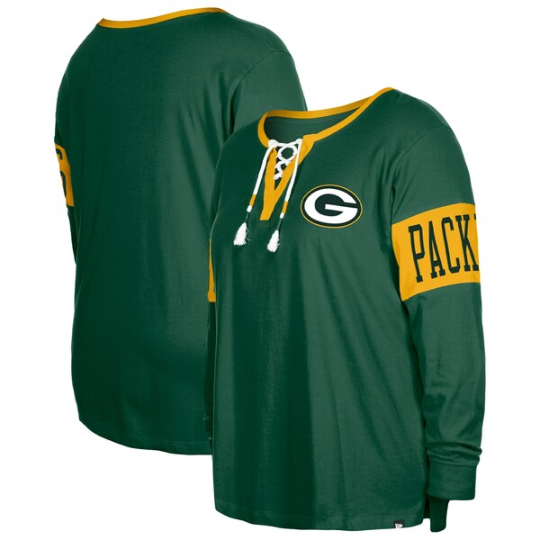 ˥塼 ǥ T ȥåץ Green Bay Packers New Era Women's Plus Size LaceUp Notch Neck Long Sleeve TShirt Green