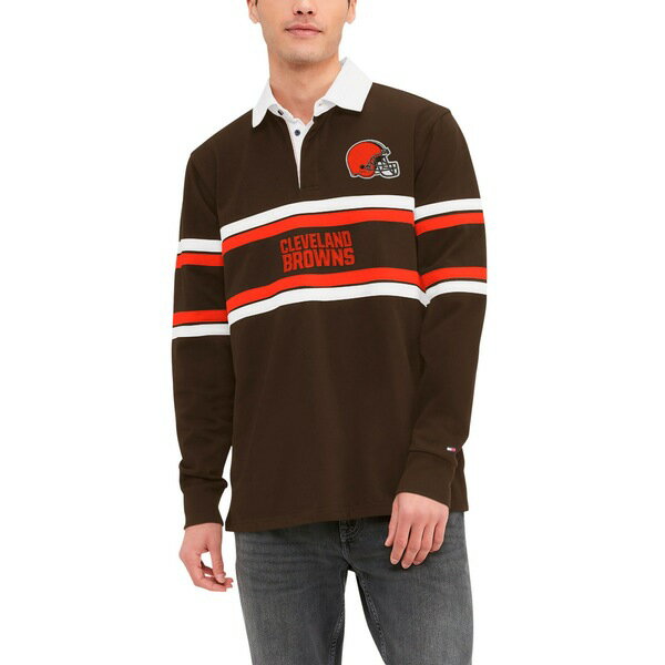 トミー ヒルフィガー メンズ Tシャツ トップス Cleveland Browns Tommy Hilfiger Cory Varsity Rugby Long Sleeve TShirt Brown