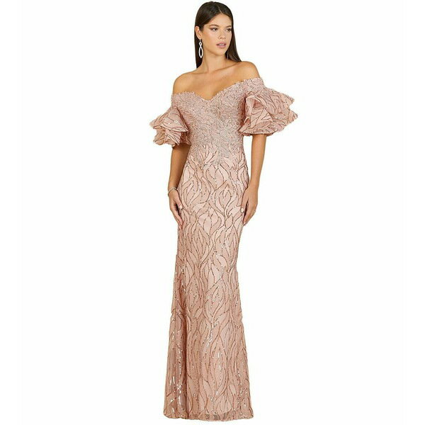 ララ レディース ワンピース トップス Women's Off shoulder mermaid beaded gown with tiered sleeves Rose gold