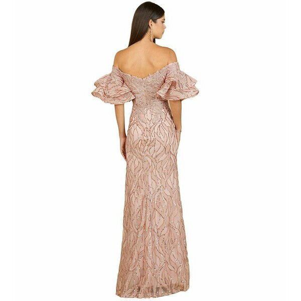 ララ レディース ワンピース トップス Women's Off shoulder mermaid beaded gown with tiered sleeves Rose gold