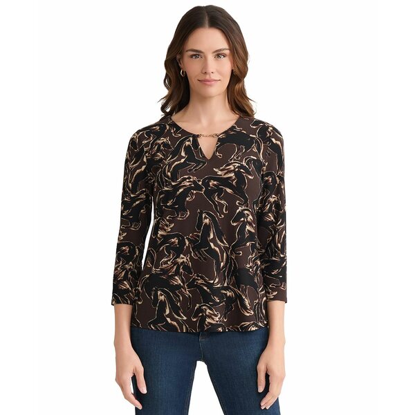 ジョーンズニューヨーク レディース カットソー トップス Women's Trimmed V-Neck Printed Top Dark Br..