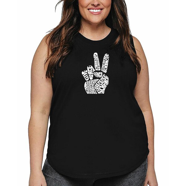 エルエーポップアート レディース カットソー トップス Plus Size Peace Fingers Word Art Tank Top Bl..