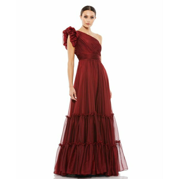 マックダガル レディース ワンピース トップス Women's Ruffled One Shoulder Tiered Chiffon Gown Wine
