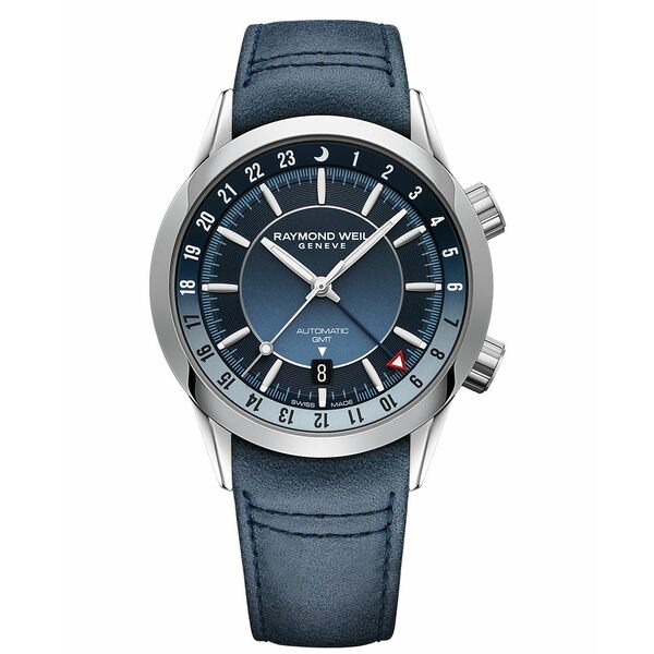 レイモンドウェイル レディース 腕時計 アクセサリー Men's Swiss Automatic Freelancer GMT Blue Leather Strap Watch 41mm Blue